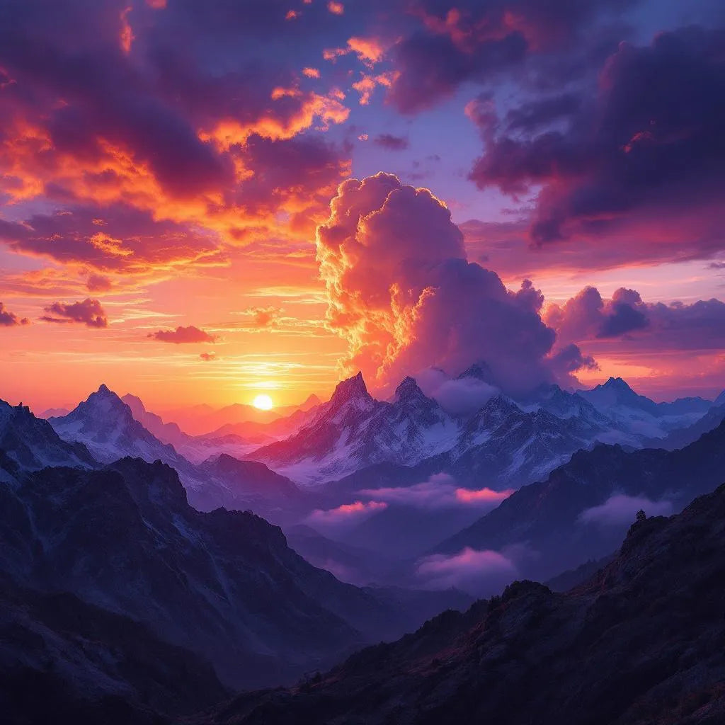 Stunning sunset over mountain landscape with vibrant orange and purple skies, dramatic clouds, artistic style
