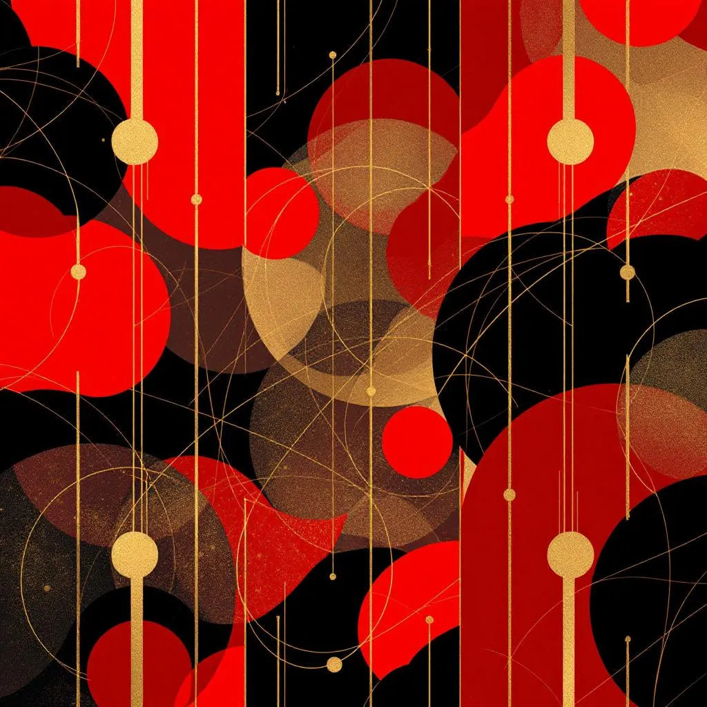 Abstract geometric patterns in bold red and gold, modern minimalist design