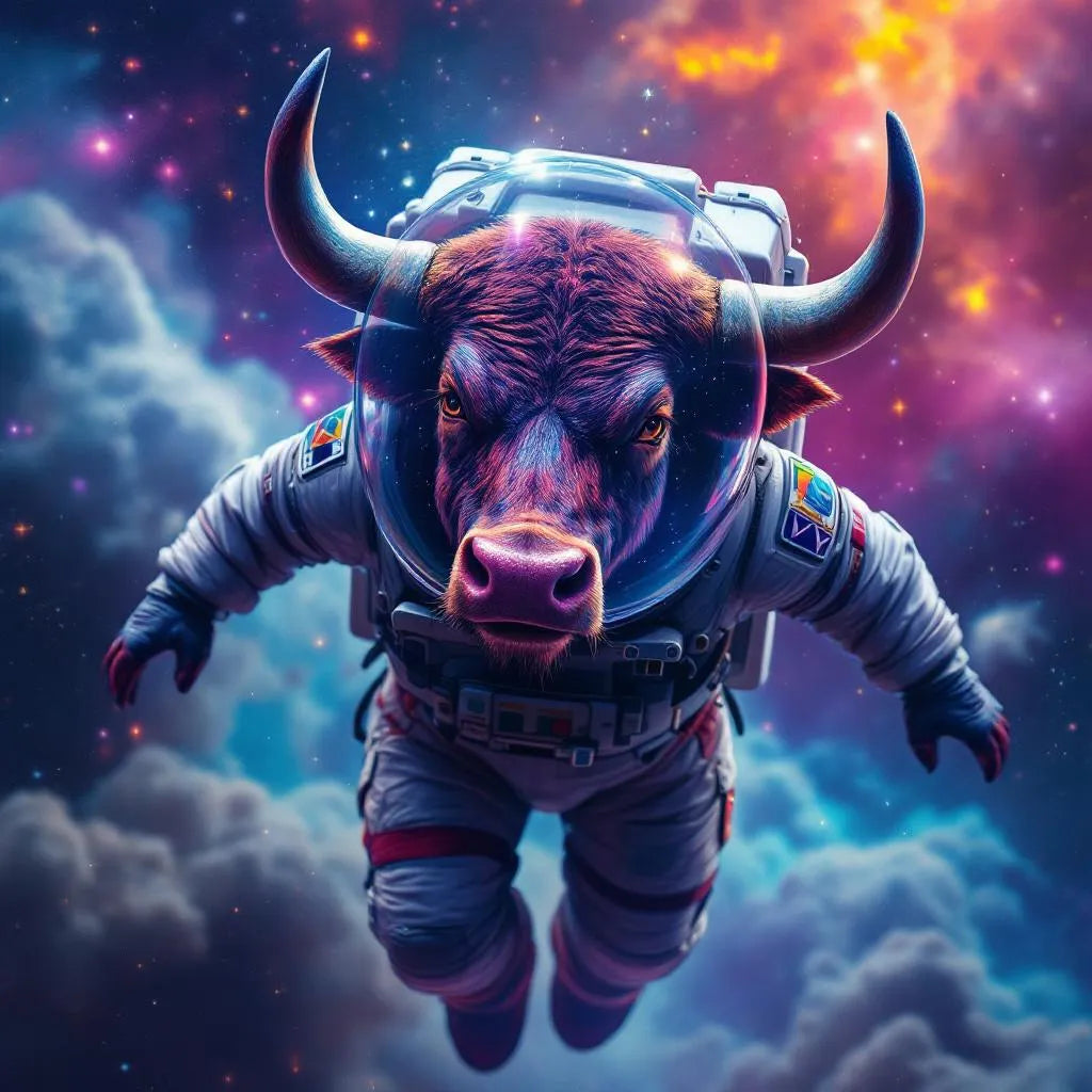 Majestic bull in astronaut suit floating in space, vibrant cosmic colors, digital art style