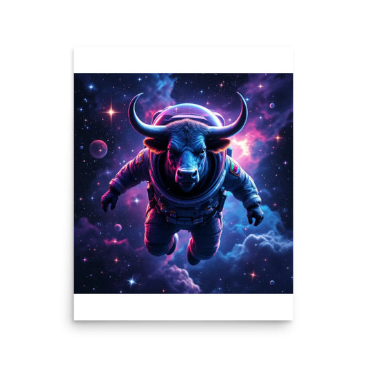 Majestic bull in space suit floating among stars – Premium Art Print on Premium Poster 16×20 (default)