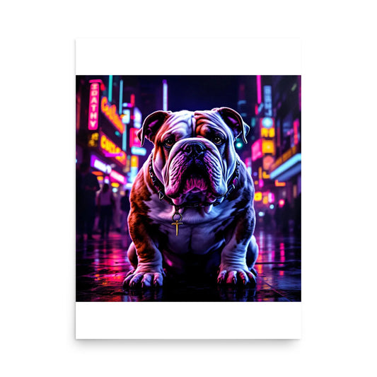 Majestic bulldog  in neon city – Premium Art Print on Premium Poster 18×24 (default)
