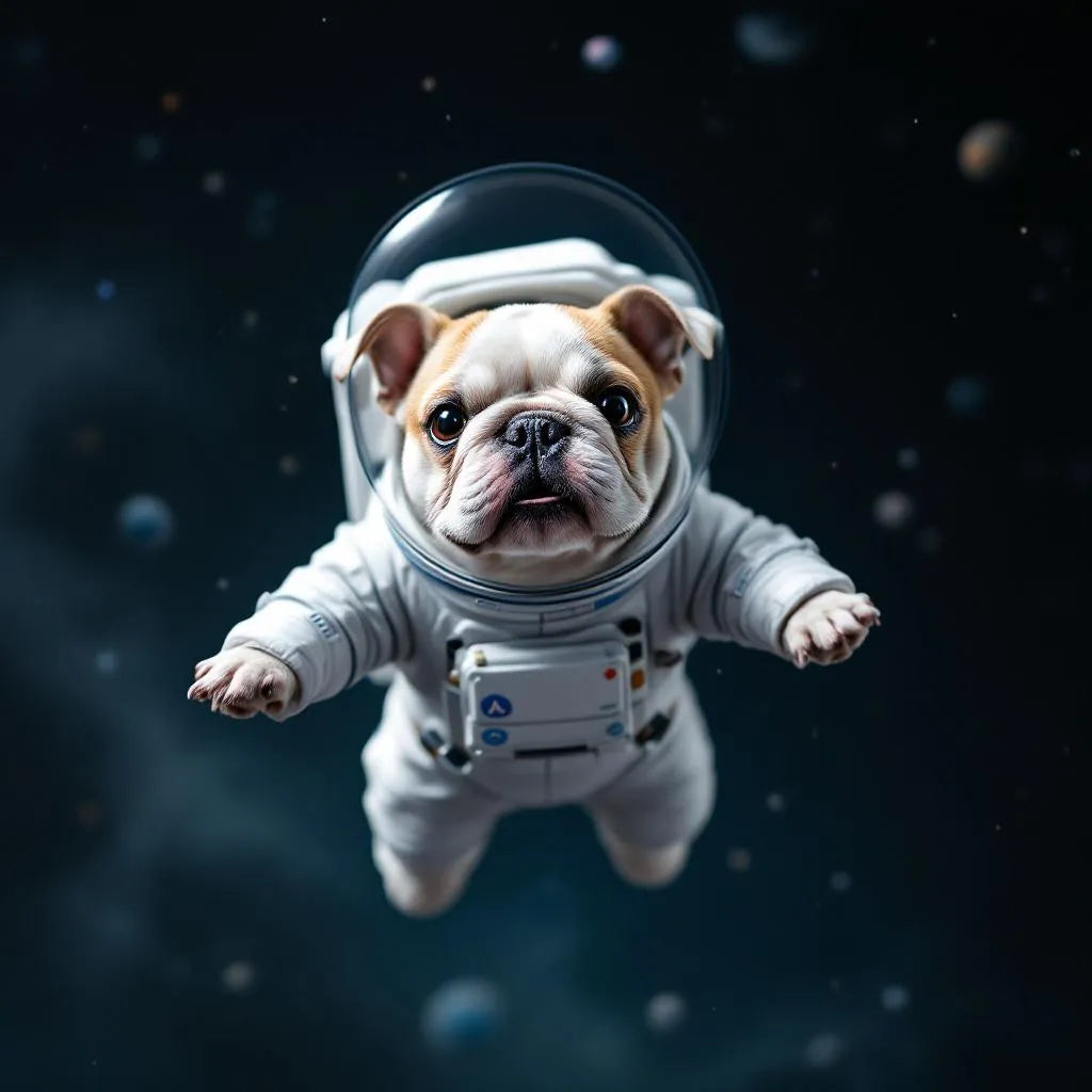 QA Test: Playful bulldog in astronaut suit floating in space