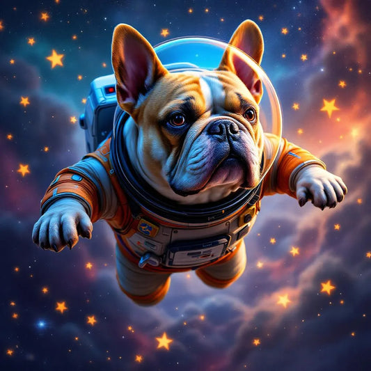 Majestic bulldog in space suit floating among stars, vibrant colors, digital art style