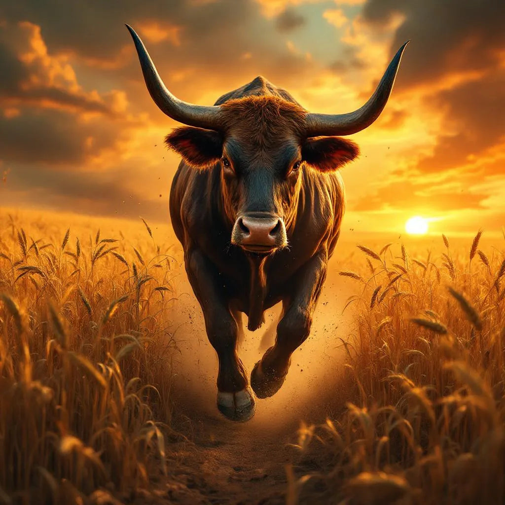 Powerful bull charging through golden wheat fields at sunset, dramatic lighting, photorealistic style