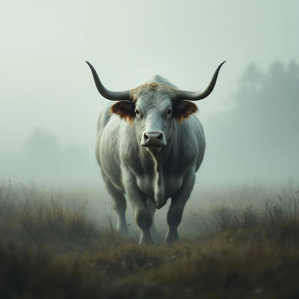 Majestic bull standing in misty morning field, ethereal atmosphere, artistic style