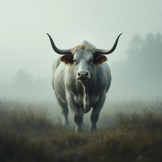 Majestic bull standing in misty morning field, ethereal atmosphere, artistic style