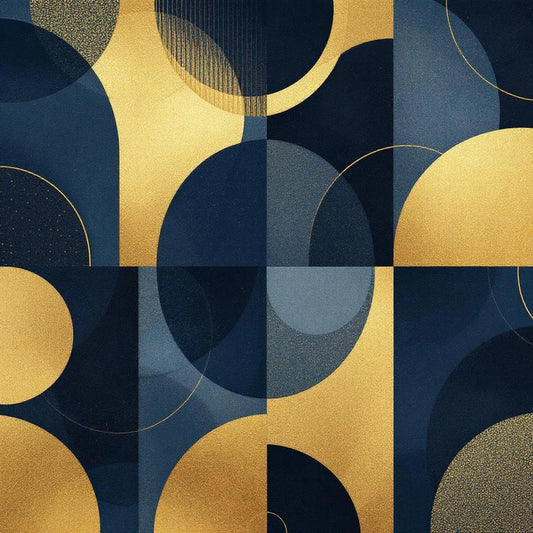 Abstract geometric patterns in deep blues and golds, modern minimalist design, sophisticated style