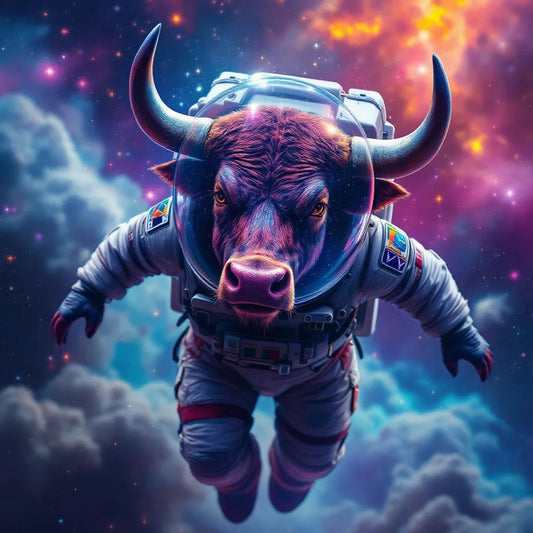 Majestic bull in astronaut suit floating in space, vibrant cosmic colors, digital art style