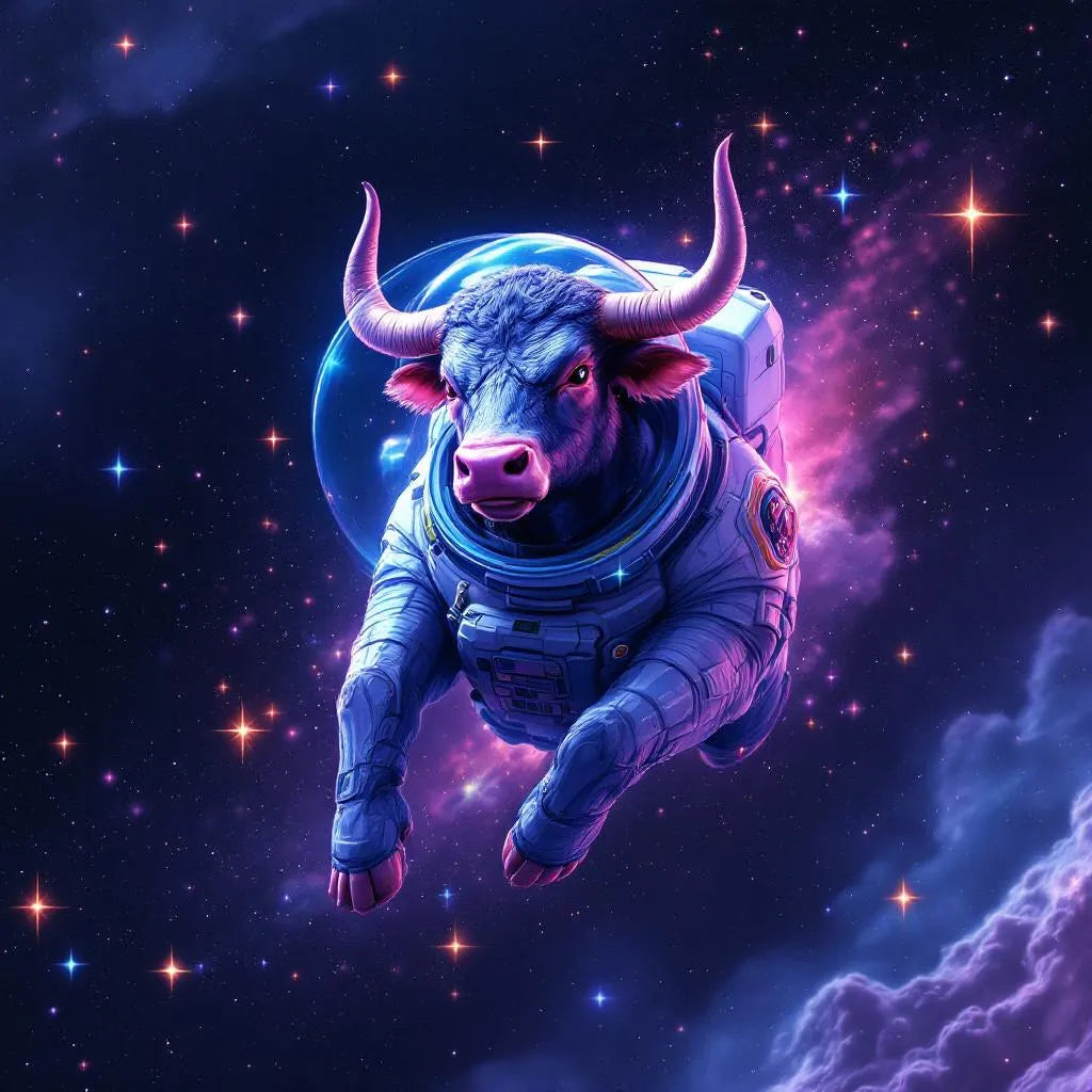 Majestic bull in space suit floating among stars, vibrant colors, digital art