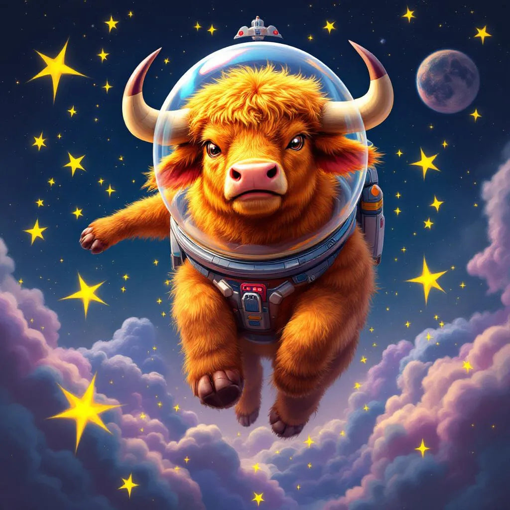 Majestic bull in space suit floating among stars, vibrant colors, digital art