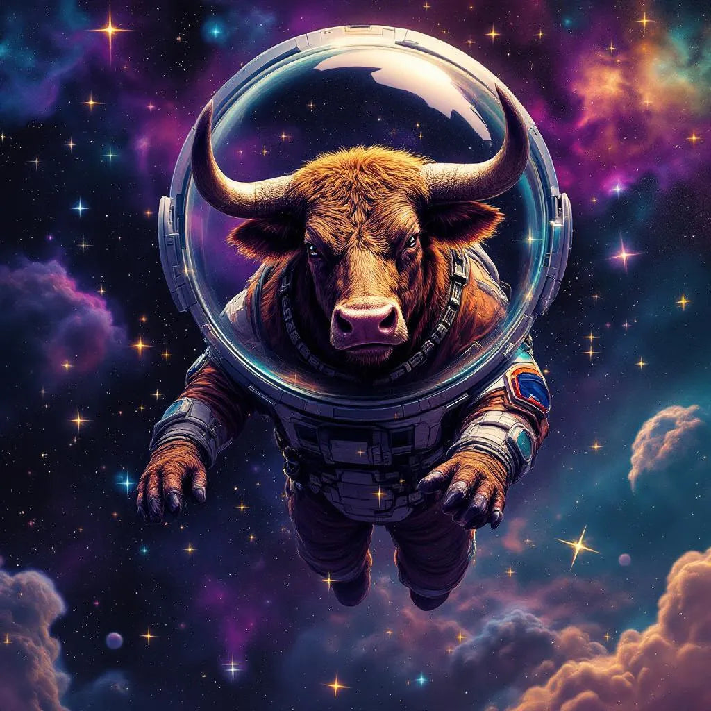 Majestic bull in space suit floating among stars, vibrant colors, digital art