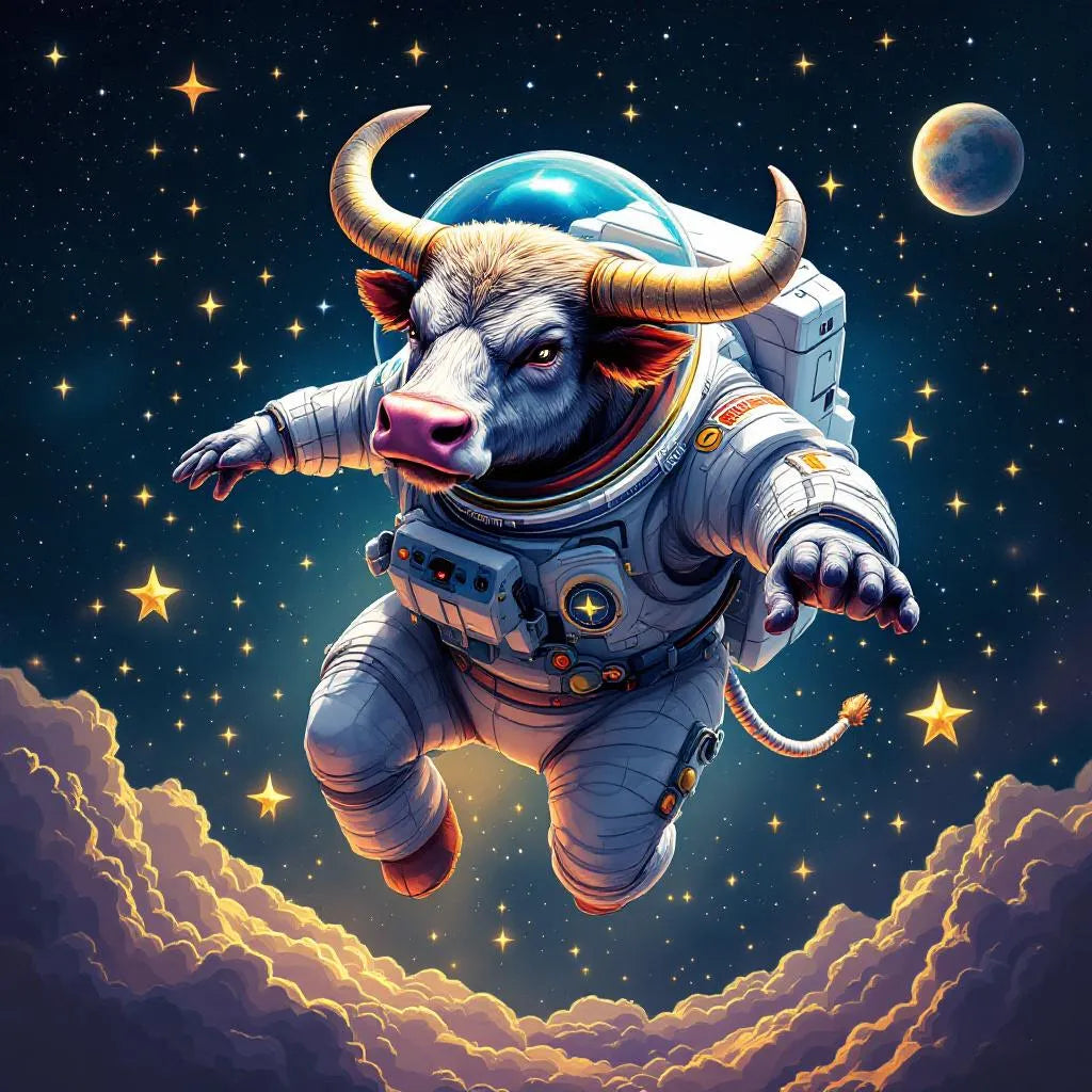 Majestic bull in space suit floating among stars, vibrant colors, digital art