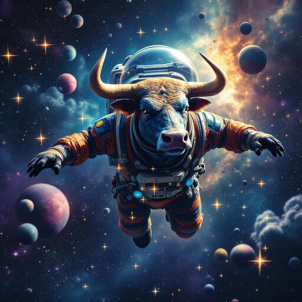 Majestic bull in space suit floating among stars, vibrant colors, digital art