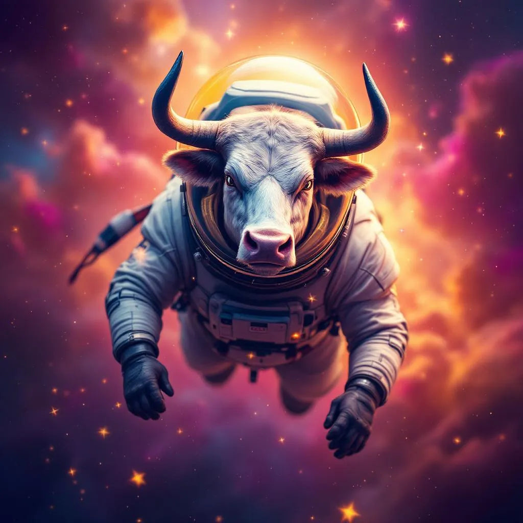 Majestic bull in space suit floating among stars, vibrant colors, digital art