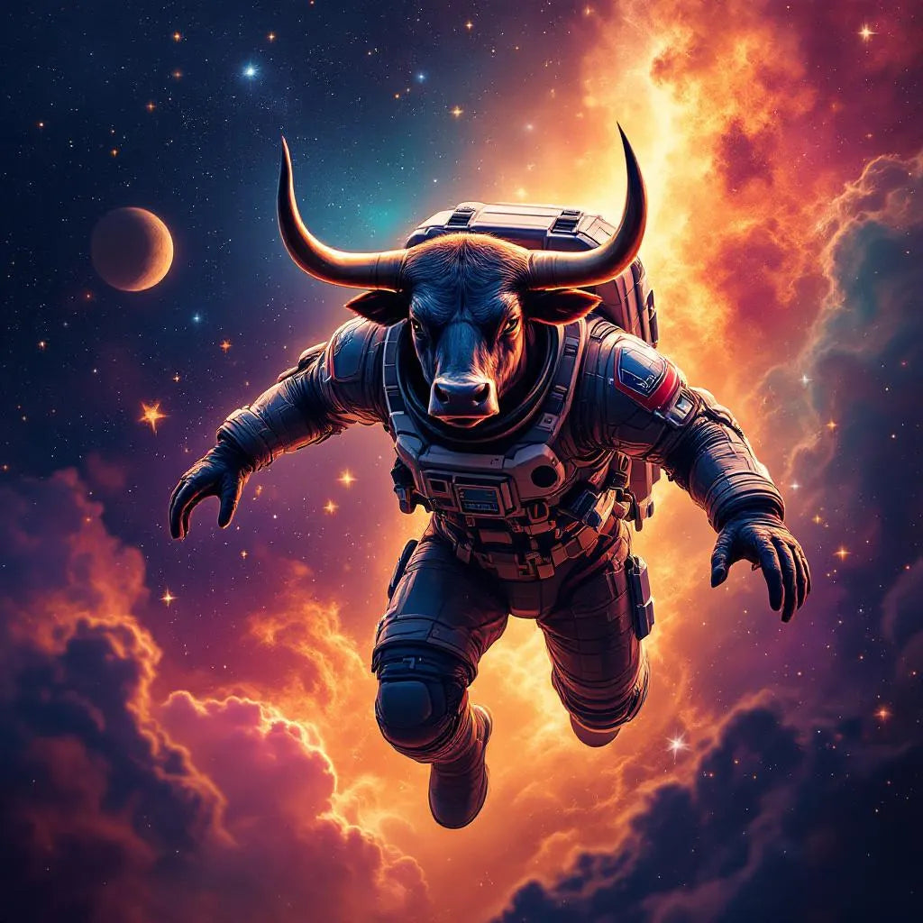 Majestic bull in space suit floating among stars – Premium Art Print on Canvas Print 12×12 (fallback)