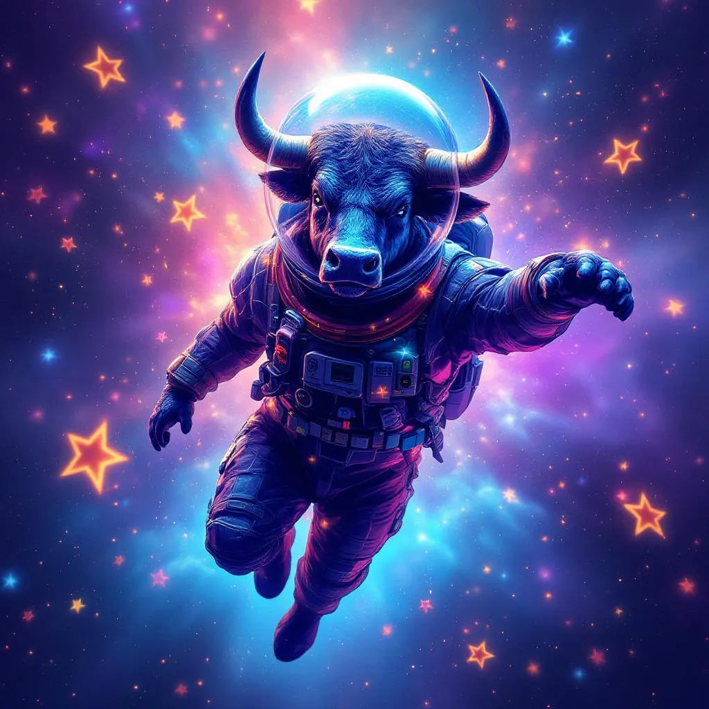 Majestic bull in space suit floating among stars, vibrant colors, digital art