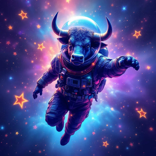 Majestic bull in space suit floating among stars, vibrant colors, digital art