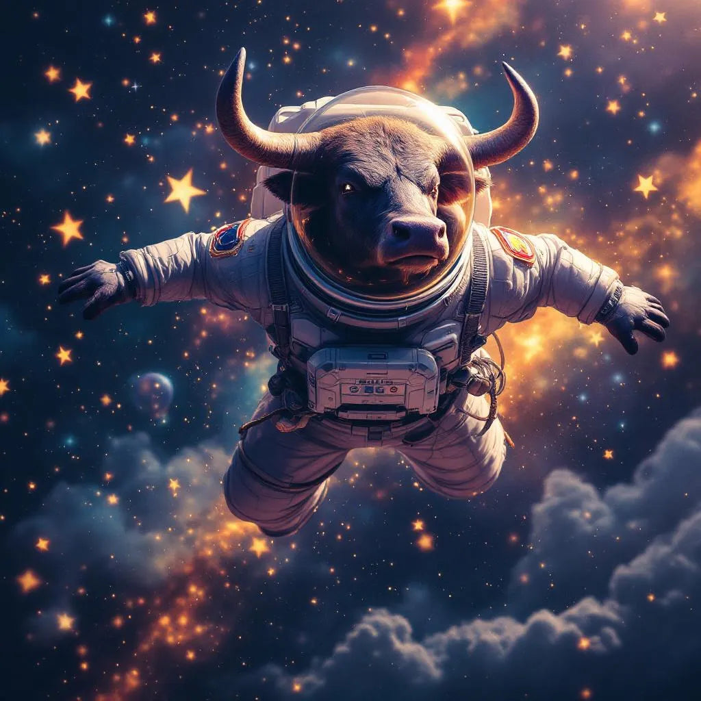 Majestic bull in space suit floating among stars, vibrant colors, digital art