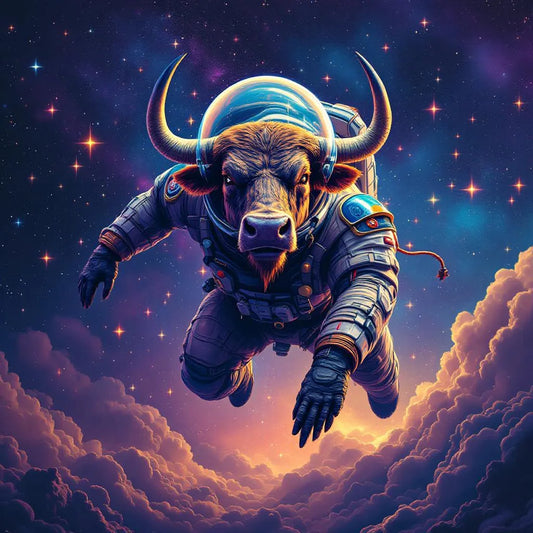 Majestic bull in space suit floating among stars, vibrant colors, digital art
