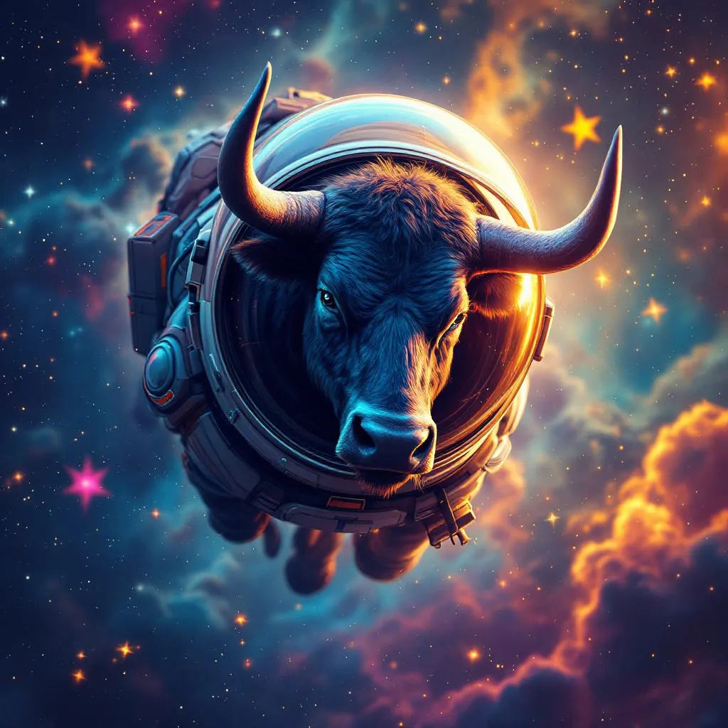 Majestic bull in space suit floating among stars, vibrant colors, digital art