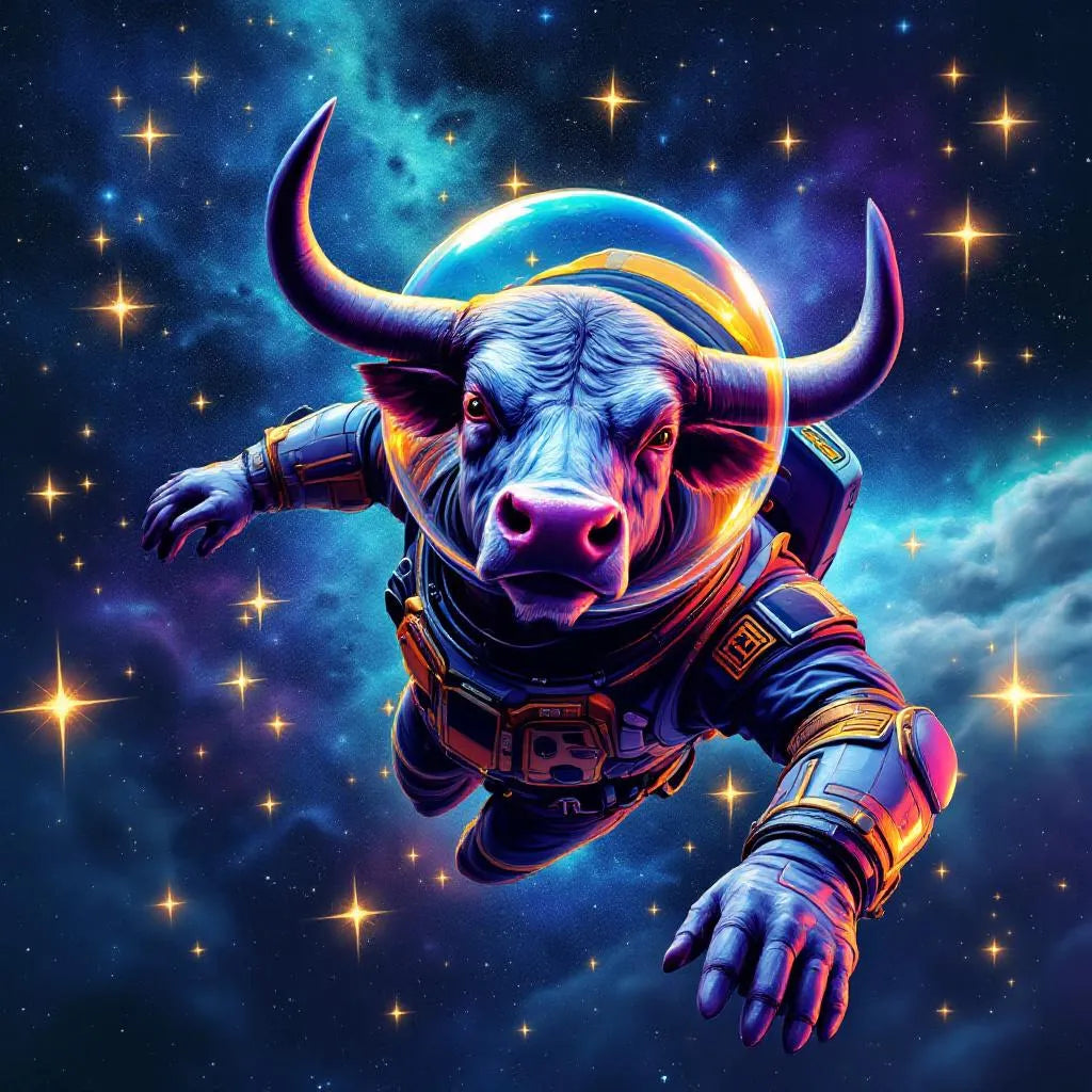 Majestic bull in space suit floating among stars, vibrant colors, digital art