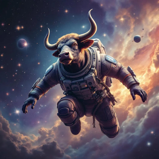Majestic bull in space suit floating among stars, vibrant colors, digital art