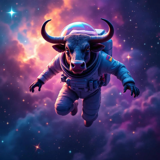 Majestic bull in space suit floating among stars, vibrant colors, digital art