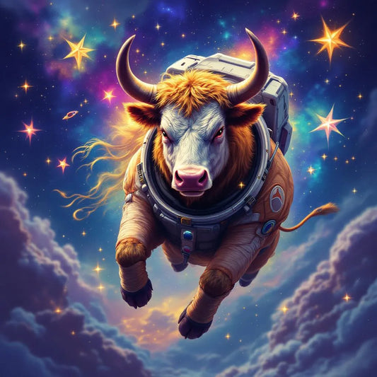 Majestic bull in space suit floating among stars, vibrant colors, digital art