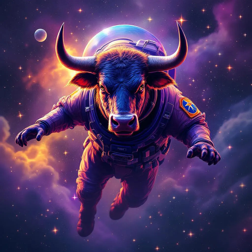 Majestic bull in space suit floating among stars, vibrant colors, digital art